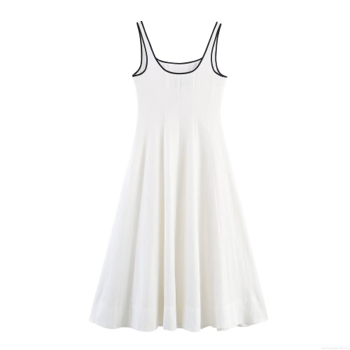 Women's Elegant Contrast Trim Midi Dress Linen Blend Sleeveless Cami A-Line Socialite Style Summer Party Dress For Women White Black