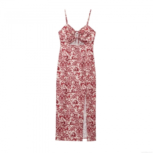 Women's Midi Dress Linen Cotton Print Spaghetti Strap V Neck Hollow Tie High Slit Back Smocking Backless Vacation Bohemian Dress For Women