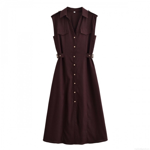 Women Sleeveless Midi Dress 100% Polyester Cargo Style Button Down V Neck Elegant A-Line Long Dress For Casual Daily Party Wear