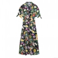 Women's Floral Print Short Sleeve Shirt Dress Elegant 100% Polyester Woven Midi Dress With Belt For Casual Vacation Ladies Vintage Style Multi-Color Flower Pattern Button Down A-Line Dress