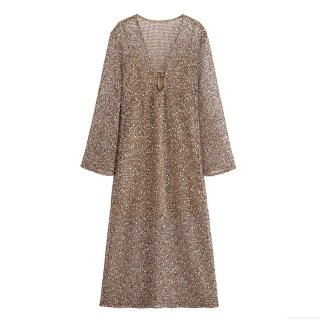 Women Sexy Deep V Neck Sequin Midi Dress Long Sleeve Mesh See-Through Gold Champagne Evening Party Banquet Bodycon Dress Luxury Sparkly Cover-up For Women