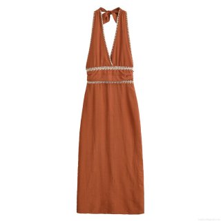 Women Bohemian Halter Backless Embroidery Midi Dress Elegant V-Neck Sleeveless Caramel Polyester Long Dress For Vacation Party
