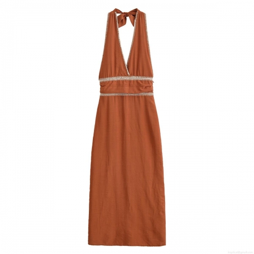 Women Bohemian Halter Backless Embroidery Midi Dress Elegant V-Neck Sleeveless Caramel Polyester Long Dress For Vacation Party
