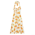 Women Halter Neck Midi Dress Cotton Linen Blend Orange Fruit Print Single Breasted Backless Bow Tie Elegant Summer Vacation A-Line Sun Dress