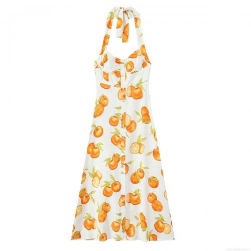 Women Halter Neck Midi Dress Cotton Linen Blend Orange Fruit Print Single Breasted Backless Bow Tie Elegant Summer Vacation A-Line Sun Dress