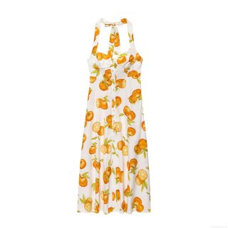 Women's Halter Neck Midi Dress Summer Orange Citrus Fruit Print Sleeveless Backless Boho Vacation Beach Party Dresses With Button Detail
