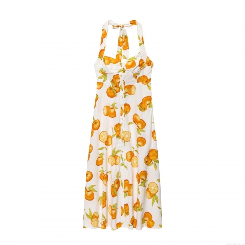 Women's Halter Neck Midi Dress Summer Orange Citrus Fruit Print Sleeveless Backless Boho Vacation Beach Party Dresses With Button Detail
