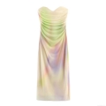 Elegant Gradient Print Mesh Tube Midi Dress Sexy Pleated Ruched Strapless Party Evening Cocktail Dresses For Women Polyester Bodycon Dress