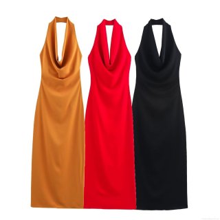 Women Elegant Halter Cowl Neck Satin Midi Dress Backless Sexy Side Slit Sleeveless Polyester Formal Party Evening Cocktail Wedding Bodycon Dress