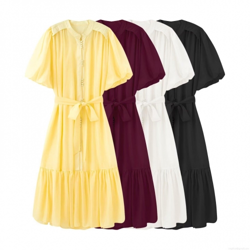 Women's Elegant 100% Polyester Chiffon Dress Ruffled Bubble Sleeve Button Up Midi Dress With Belt For Daily Date Party Ladies Casual Long Dress