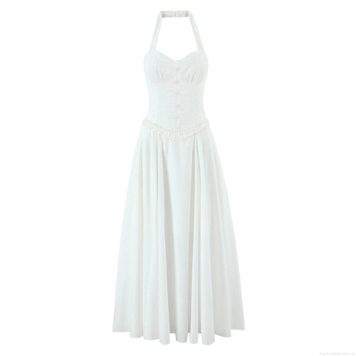 Women's Halter Neck Cotton Midi Dress Polka Dot Floral Print V-Neck Sleeveless High Waist Elegant Retro Summer Beach Party Vacation Dress