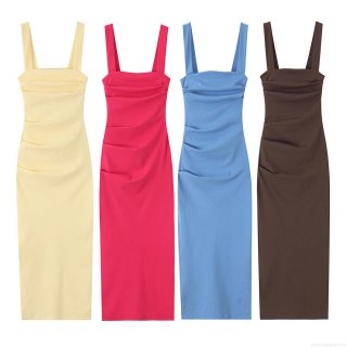 Women Elegant Square Neck Midi Dress Elastic Polyester Sleeveless Bodycon Fit Party Cocktail Evening Clubwear Solid Color Pleated Gathered Sexy Slimming Summer Sundress