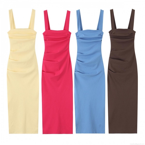 Women Elegant Square Neck Midi Dress Elastic Polyester Sleeveless Bodycon Fit Party Cocktail Evening Clubwear Solid Color Pleated Gathered Sexy Slimming Summer Sundress