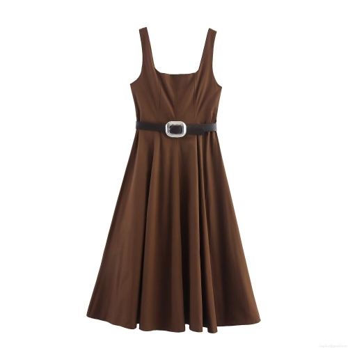 Elegant Polyester Poplin Square Neck Sleeveless Midi Dress With Black Belt Solid Coffee Brown Lady Style A-Line Sundress For Women Office Party