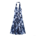 Elegant Navy Blue Floral Print Halter V-Neck Midi Dress Women Sleeveless High Waist A-Line Polyester Spandex Summer Party Dress