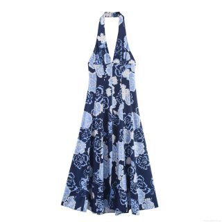Elegant Navy Blue Floral Print Halter V-Neck Midi Dress Women Sleeveless High Waist A-Line Polyester Spandex Summer Party Dress