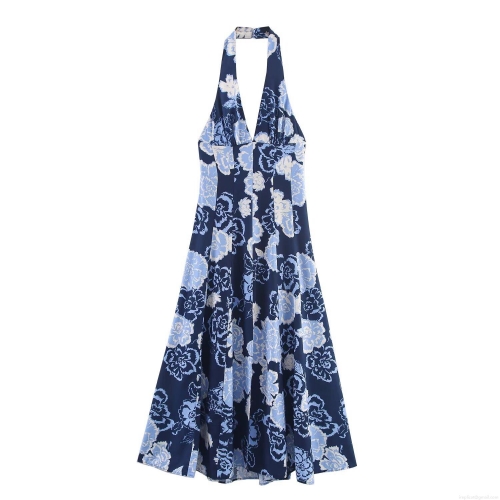 Elegant Navy Blue Floral Print Halter V-Neck Midi Dress Women Sleeveless High Waist A-Line Polyester Spandex Summer Party Dress