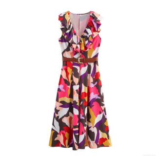 Women's Elegant Abstract Geometric Print Sleeveless Midi Dress With V-Neck Ruffle Detail And Waist Belt Summer Casual Polyester Dress