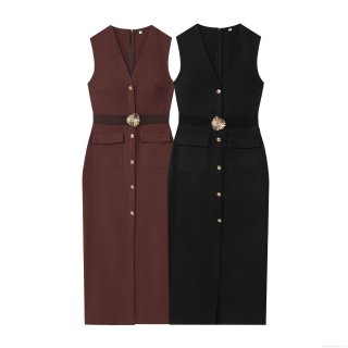Women's V-Neck Sleeveless Midi Dress Elegant Polyester Crepe Button Front Dress With Gold Buckle Belt For Casual Party Office Lady Fashion