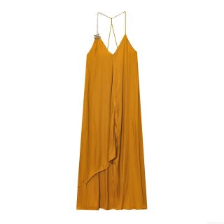 Women Mustard Yellow Satin Slip Midi Dress Metal Chain Star Flower Strap Sexy Deep V Neck Irregular Hem Acetate Hemp Party Nightclub Dress for Women