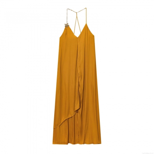 Women Mustard Yellow Satin Slip Midi Dress Metal Chain Star Flower Strap Sexy Deep V Neck Irregular Hem Acetate Hemp Party Nightclub Dress for Women