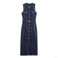 Women Elegant Sleeveless Denim Dress With Belt Gold Buttons Casual Solid Deep Blue Midi Tank Dress Fashion Single Breasted Jean Dress For Party Club Wear