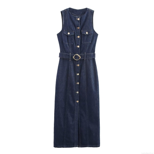 Women Elegant Sleeveless Denim Dress With Belt Gold Buttons Casual Solid Deep Blue Midi Tank Dress Fashion Single Breasted Jean Dress For Party Club Wear