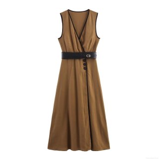 Women's Elegant V Neck Sleeveless Midi Dress Linen Blend Minimalist Solid Color Dress With Belt And Side Buttons For Summer Daily Party