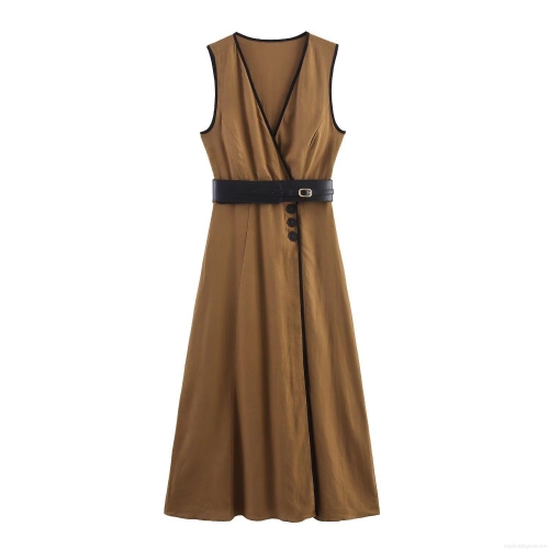 Women's Elegant V Neck Sleeveless Midi Dress Linen Blend Minimalist Solid Color Dress With Belt And Side Buttons For Summer Daily Party