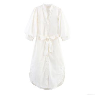 Women's Elegant Satin V-Neck Shirt Dress With Puff Long Lantern Sleeves And Tie Waist Solid Color White Midi Maxi Dress For Party Office