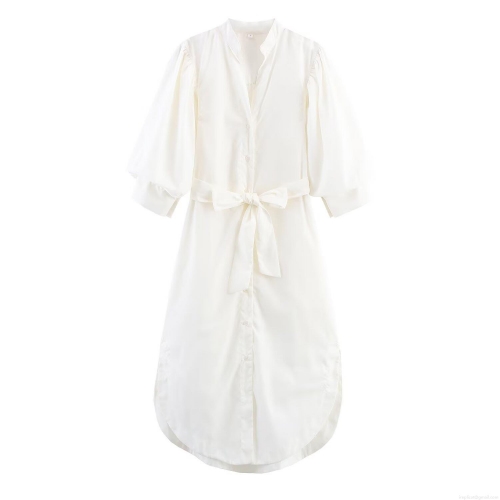 Women's Elegant Satin V-Neck Shirt Dress With Puff Long Lantern Sleeves And Tie Waist Solid Color White Midi Maxi Dress For Party Office