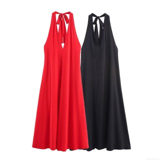 Women's Halter Neck Midi Dress Elegant Backless Solid Color Bow Tie Party Vacation Dress Polyester Sleeveless Evening Gown