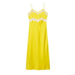 Women Elegant Lemon Yellow Satin Midi Dress Sexy V-Neck White Lace Splicing Backless Cami Dress Luxury 100% Polyester Silk Texture Party Night Club Slip Dress For Summer Women
