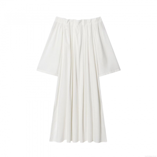 Women's Off-The-Shoulder Pleated Maxi Dress Elegant Solid White Trumpet Sleeve Loose Fit Long Summer Vacation Socialite Dress