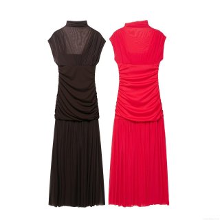 Women's Mesh Patchwork Pleated Midi Dress High Neck Sleeveless Shirred Waist Solid Color Elegant Sexy Slim Fit Party Dresses