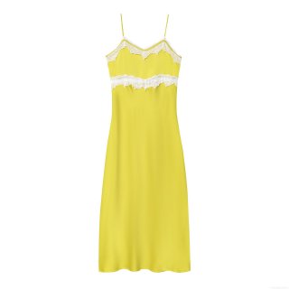Women's Elegant Satin Midi Cami Dress With White Lace Trim Adjustable Straps Sleeveless Sexy V Neck Summer Party Slip Dress