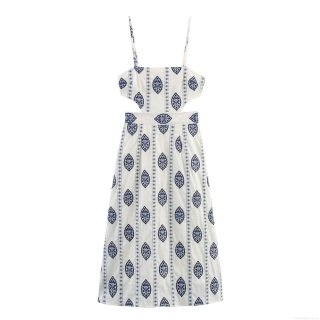 Women's Sexy Hollow Out Backless Midi Dress Blue Embroidery Print Spaghetti Strap A-Line Vacation Beach Long Dress For Women 100% Polyester