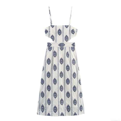 Women's Sexy Hollow Out Backless Midi Dress Blue Embroidery Print Spaghetti Strap A-Line Vacation Beach Long Dress For Women 100% Polyester