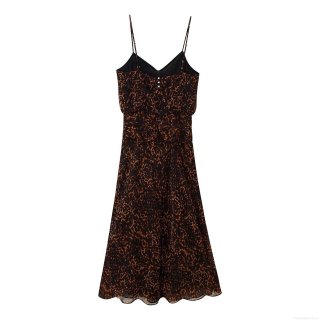 Women's Sexy Leopard Print Chiffon Polyester Spaghetti Strap Midi Dress V-Neck Ruffle Sleeveless Summer Party Sundress Celebrity Elegant Style