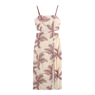 Women Summer Sexy Hollow Out Embroidery Midi Dress Cotton Blend Backless Side Slit Leaf Print Cami Dress For Vacation Beach Party