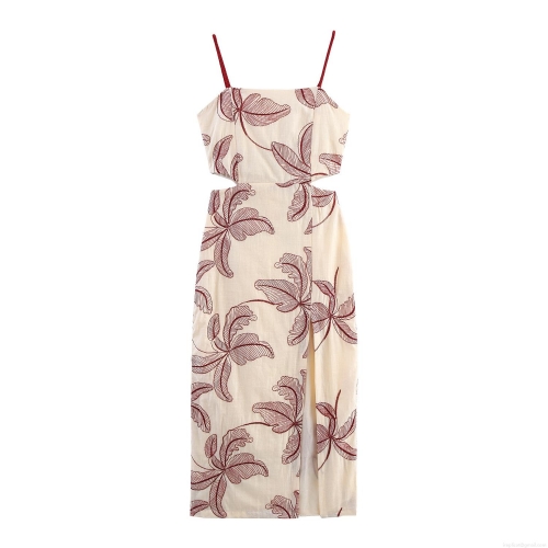 Women Summer Sexy Hollow Out Embroidery Midi Dress Cotton Blend Backless Side Slit Leaf Print Cami Dress For Vacation Beach Party
