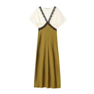 Elegant Color Block Double-sided Acetate Satin Midi Dress With Black Lace Trim V-Neck Short Sleeve Socialite Style Evening Party Dress For Women