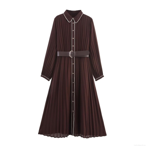 Elegant Pleated Midi Dress With Belt Women's Long Sleeve Shirt Collar Chiffon Dress Contrast Piping Button Down Socialite Evening Party Dress