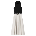 Women's Elegant Color Block Patchwork Maxi Dress Sleeveless Mock Neck Slim Fit Long A-Line Dress With Belt For Party Office Lady