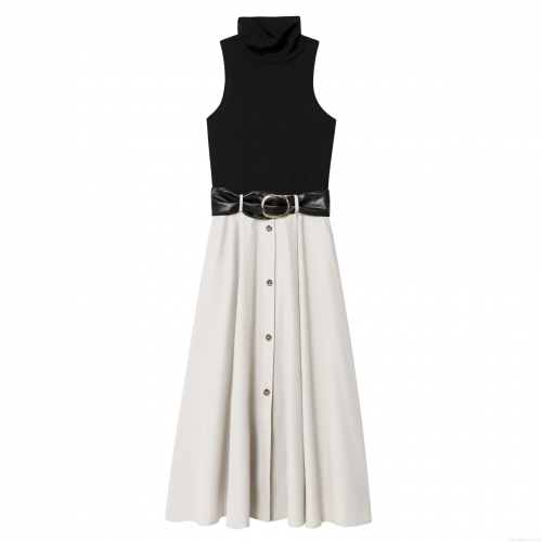 Women's Elegant Color Block Patchwork Maxi Dress Sleeveless Mock Neck Slim Fit Long A-Line Dress With Belt For Party Office Lady