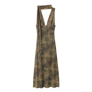 Women's Fashion Leopard Print Halter Neck Dress Sleeveless Backless Chiffon Midi Dress For Vacation Party Elegant Slim Fit Bodycon Sundress