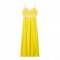 Elegant Yellow Satin Midi Dress With White Lace Trim Spaghetti Straps V-Neck Sleeveless Cocktail Party Evening Dress For Women Summer Fashion Elegant Style