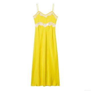 Elegant Yellow Satin Midi Dress With White Lace Trim Spaghetti Straps V-Neck Sleeveless Cocktail Party Evening Dress For Women Summer Fashion Elegant Style