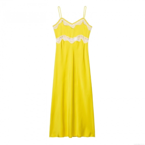 Elegant Yellow Satin Midi Dress With White Lace Trim Spaghetti Straps V-Neck Sleeveless Cocktail Party Evening Dress For Women Summer Fashion Elegant Style