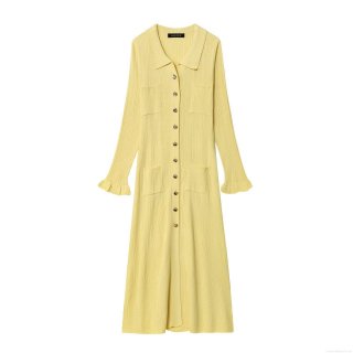 Women Elegant Ribbed Knit Midi Dress Turndown Collar Long Sleeve Button Down With Four Pockets Ruffle Cuffs Casual Slim Fit Sweater Dress For Women Vacation